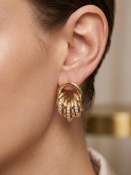 SC JEWELRY Jewelry - 14K Gold Plated Ribbed & Circle Stud Earrings | CZ Encrusted Layered Statement